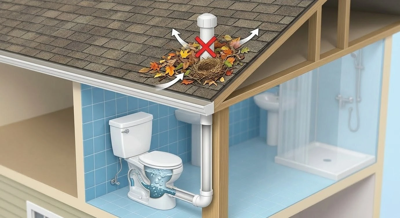 Cutaway diagram showing how a clogged roof vent stack causes a gurgling toilet.