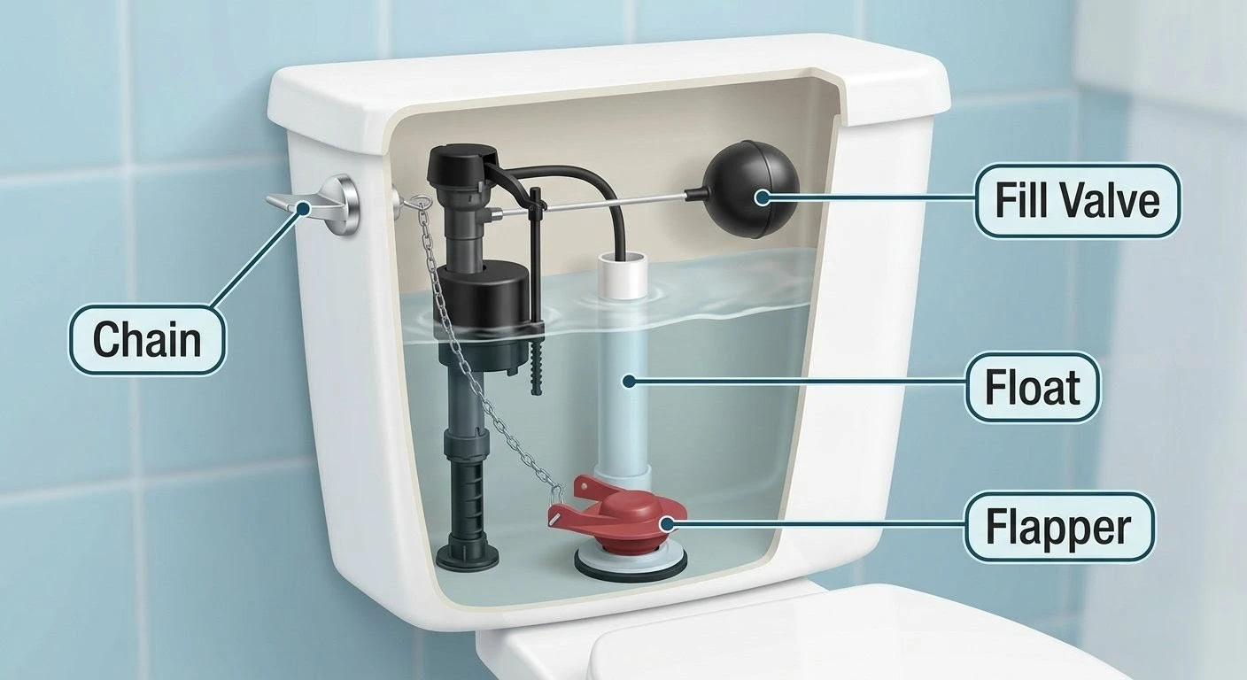 A labeled cutaway diagram of a standard toilet tank showing the fill valve, float, flapper, and chain.