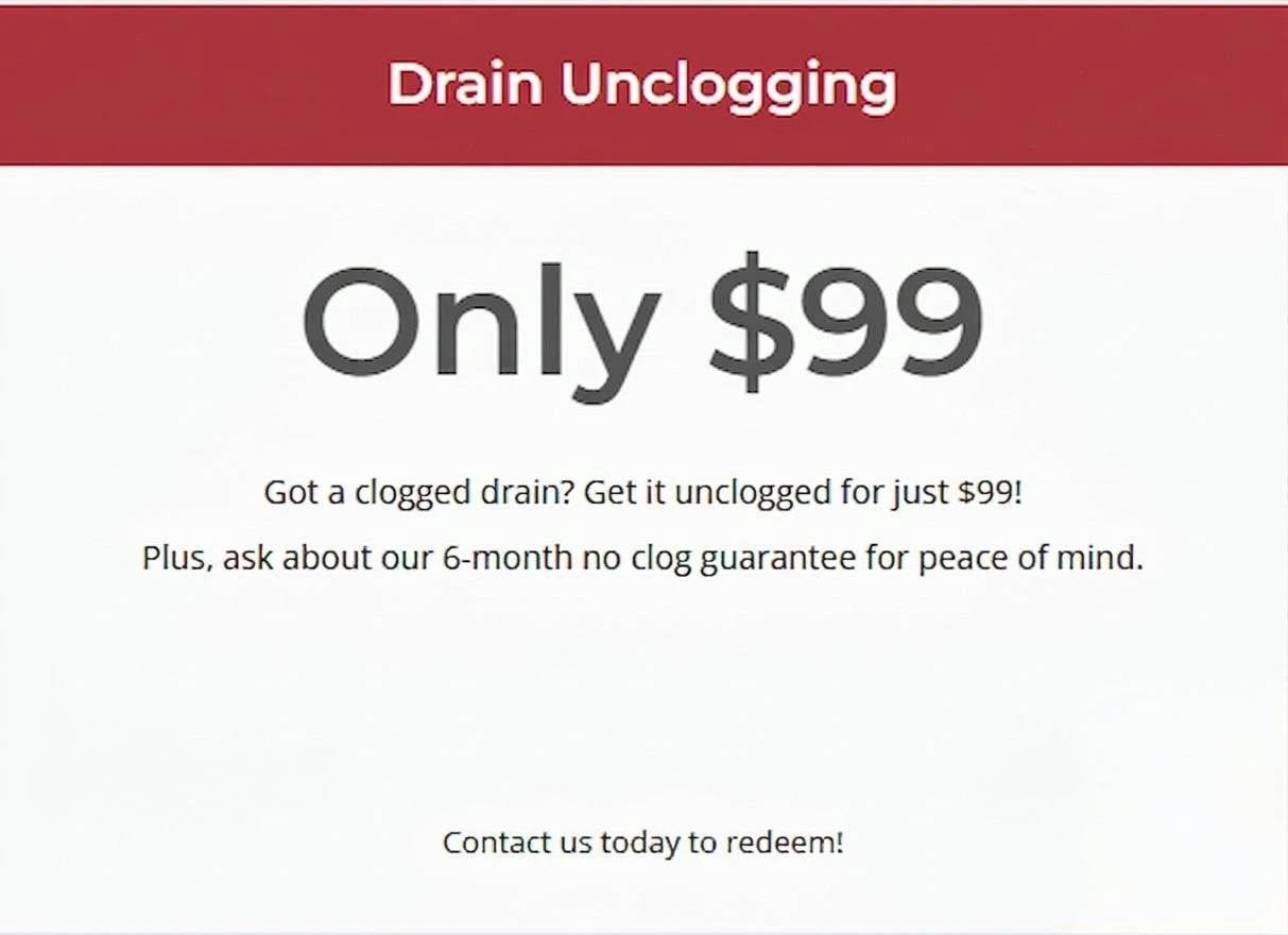 $99 Drain Unclogging Special coupon from AYS Plumbing & Rooter in Upland, CA, featuring a 6-month no-clog guarantee.