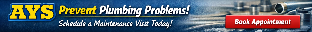 AYS Plumbing Maintenance Banner AYS plumbing banner encouraging maintenance visits with the text “Prevent Plumbing Problems!” and a red “Book Appointment” button.