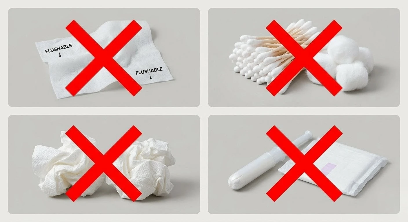 Items you should never flush down a toilet including wipes, paper towels, and cotton swabs.