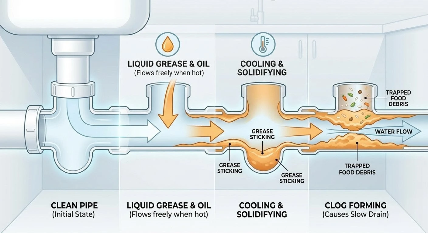 Infographic showing grease and food debris buildup causing a clogged kitchen sink drain.