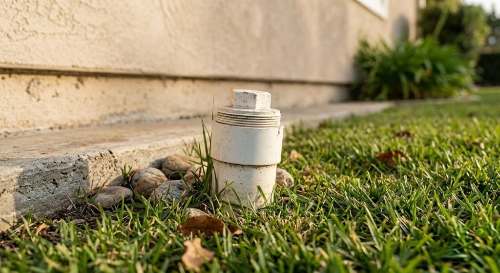 A close-up view of an outdoor residential sewer cleanout access point in a grassy area near a house foundation in Upland, CA.