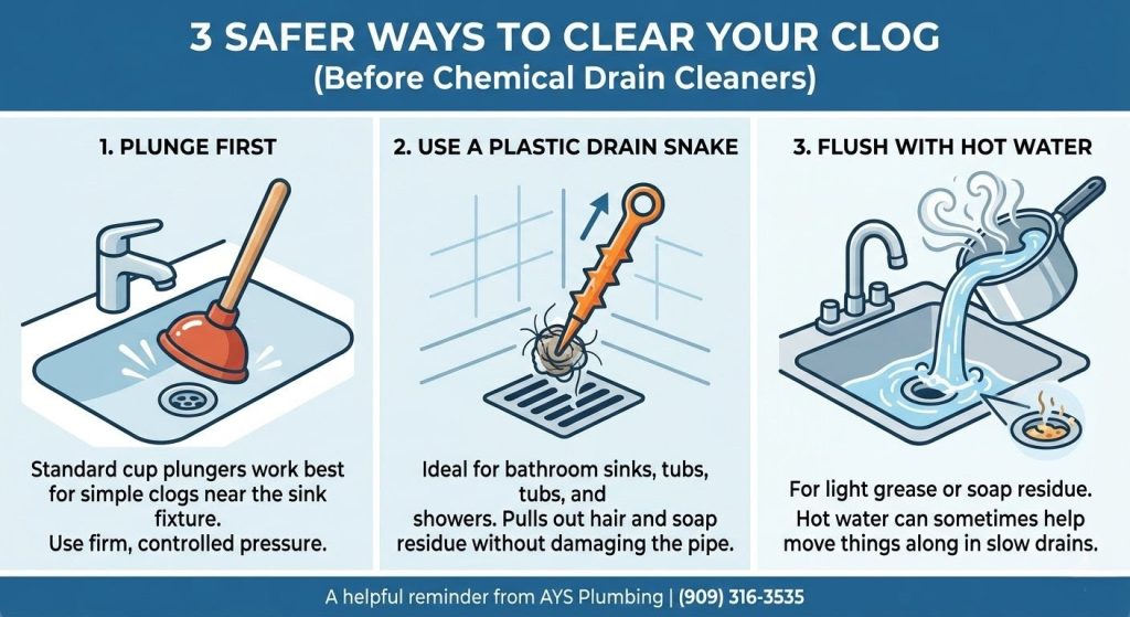 DIY tools for clearing drains safely including a plunger and plastic drain snake.