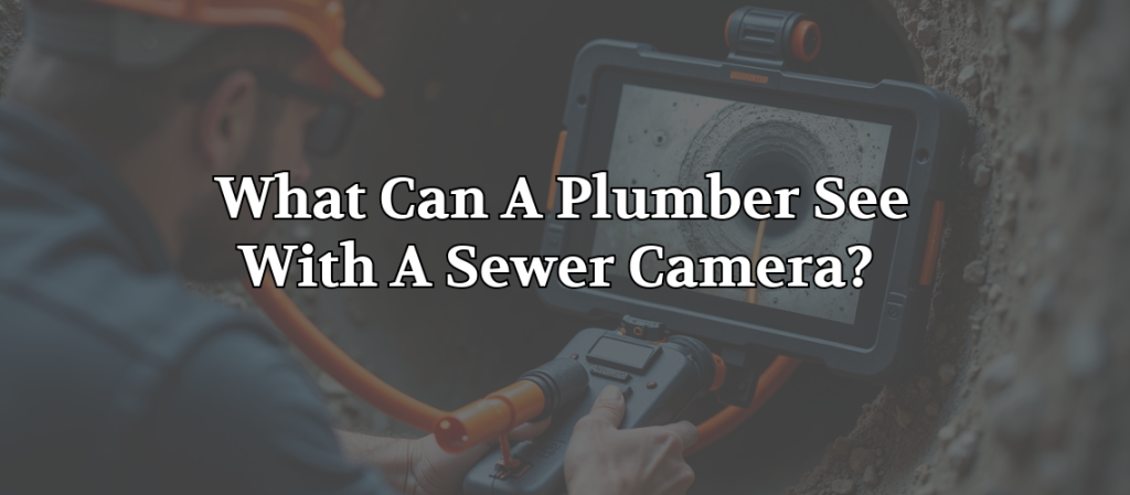 Plumber using a sewer camera monitor to inspect a drain line with the text “What Can A Plumber See With A Sewer Camera?” for pipe inspection services.