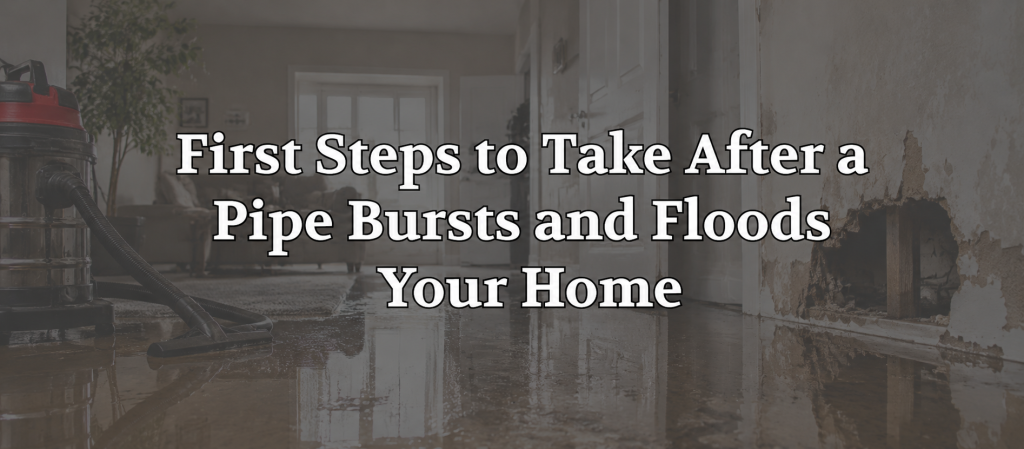 Flooded home interior with standing water, water-damaged drywall, and a wet/dry vacuum used for cleanup. The image represents the immediate steps homeowners should take after a burst pipe causes indoor flooding to minimize water damage and begin the restoration process.