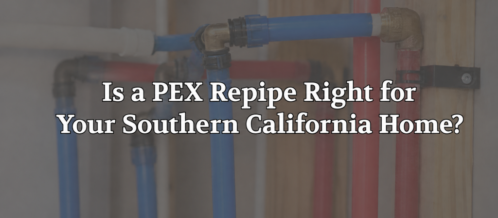 Close-up of blue and red PEX water supply lines connected with brass fittings inside a residential wall. The image illustrates a modern PEX repiping installation commonly used to replace aging plumbing systems in Southern California homes for improved reliability and water flow.