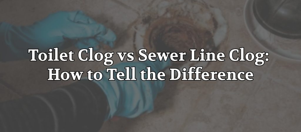 Plumber wearing blue gloves inspecting a clogged drain opening, with the headline “Toilet Clog vs Sewer Line Clog: How to Tell the Difference” overlaid on the image.